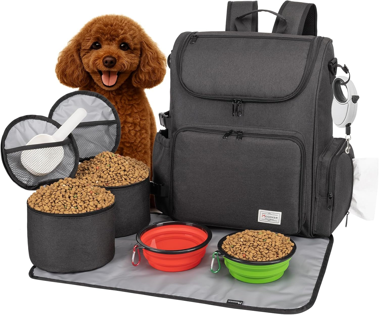 Dog Travel Bag Backpack, Airline Approved Pet Accessories Organizer for Dog and Cat with Shoulder Strap, 2 Dog Food Storage Containers, 2 Collapsible Dog Bowls,1 Pet Mat, Rose Red