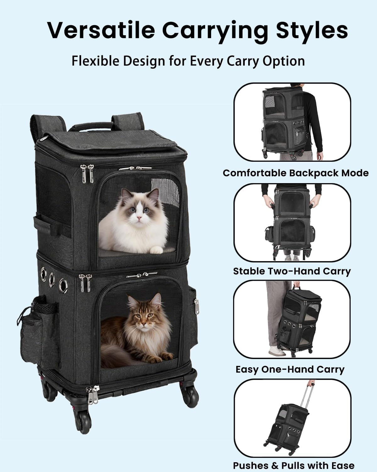Double-Compartment Pet Carrier Backpack with Wheels for Small Cats and Dogs, Cat Rolling Carrier for 2 Cats, Perfect for Traveling/Taking a Walk/Trips to the Vet, Black