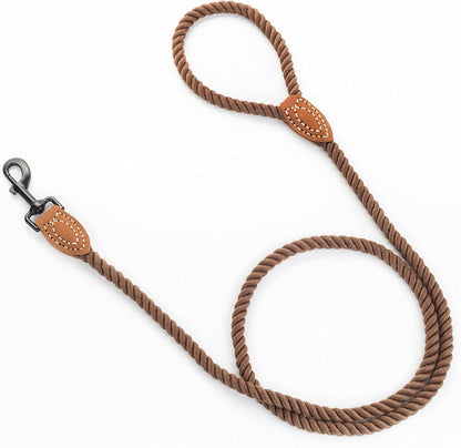 Dog Leash, Braided Cotton Rope Leashes with Leather Tip - Heavy Duty Metal Clasp, 4FT, 1/2" Thick - Wedding, Walking & Training Leash for Small Medium Large Dogs (Dark Brown)