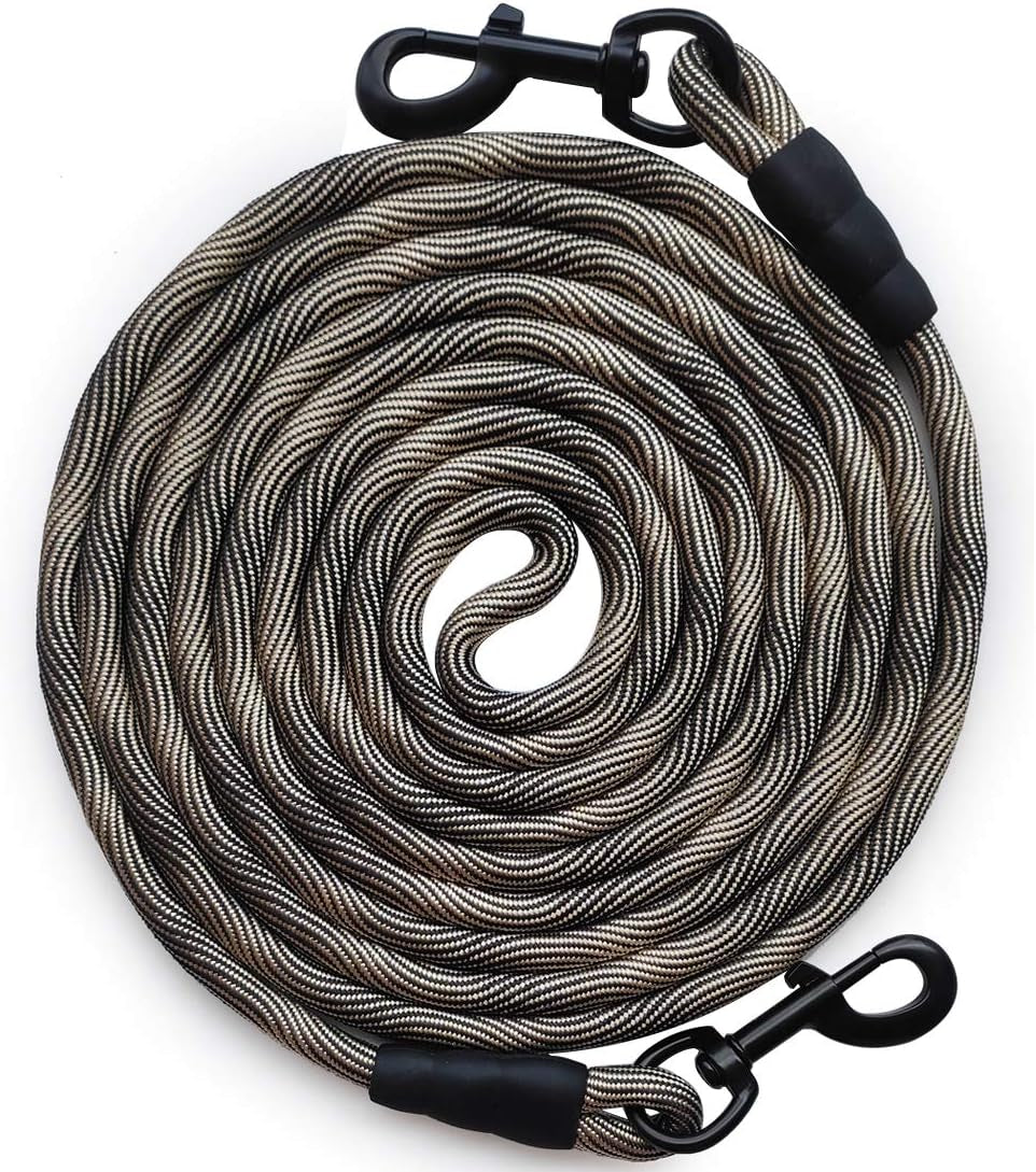 Tie-Out Check Cord Long Rope Dog Tether, 8Ft 12Ft 20Ft 30Ft 50Ft Dog Lead for Yard, Large Medium Dogs Oudoor Training, Playing, Camping, or Backyard (30Ft, Beige Black)