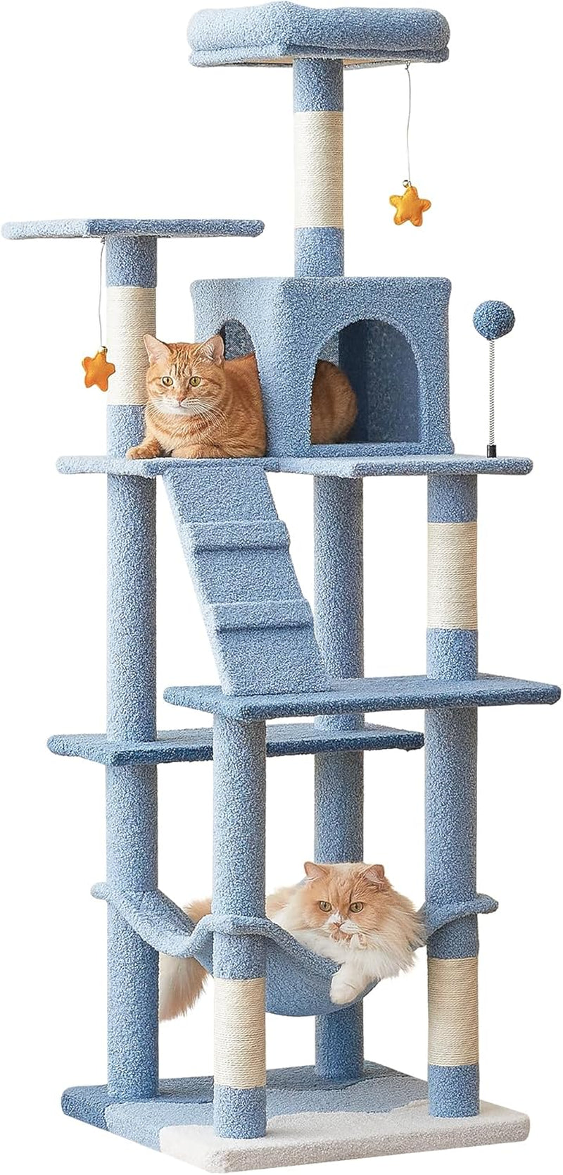 63.8 Inches Multi-Level Cat Tree for Large Cats with Sisal-Covered Scratching Posts, Padded Platform, Hammock and Condo,Stable Cat Tower Cat Condo Pet Play House-Light Gray