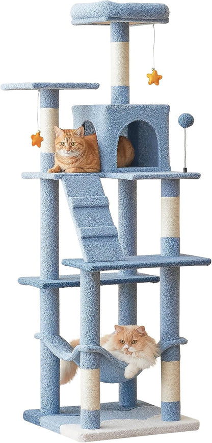 63.8 Inches Multi-Level Cat Tree for Large Cats with Sisal-Covered Scratching Posts, Padded Platform, Hammock and Condo,Stable Cat Tower Cat Condo Pet Play House-Light Gray