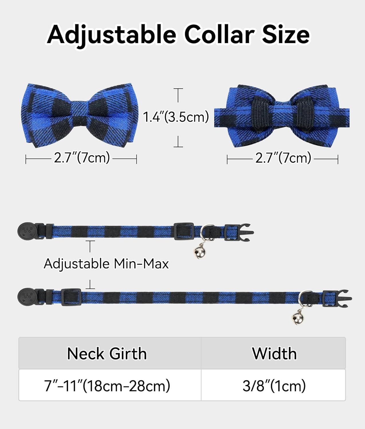 Upgraded Cat Collar with Bells, Breakaway Cat Collars with Bow Tie, 1 Pack Girl Boy Safety Plaid Kitten Collars, Blue