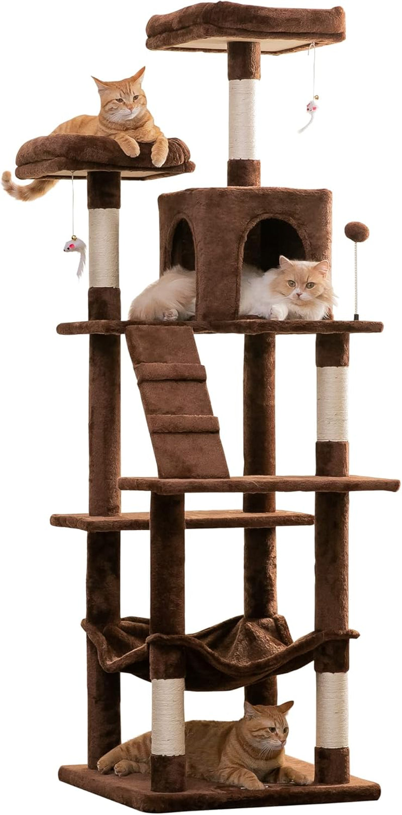 63.8 Inches Multi-Level Cat Tree for Large Cats with Sisal-Covered Scratching Posts, Padded Platform, Hammock and Condo,Stable Cat Tower Cat Condo Pet Play House-Light Gray