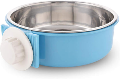 Crate Dog Bowl Removable Stainless Steel Water Food Feeder Bowls Cage Coop Cup for Cat Puppy Bird Pets (Large, Blue with Corrugated Clip)