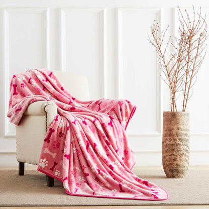Luxurious Dog Blanket, 350 GSM Super Fuzzy Microplush Fleece Pet Blankets for Small Medium Large Dogs and Cats, Pink Paw and Bone, 40" X 32"