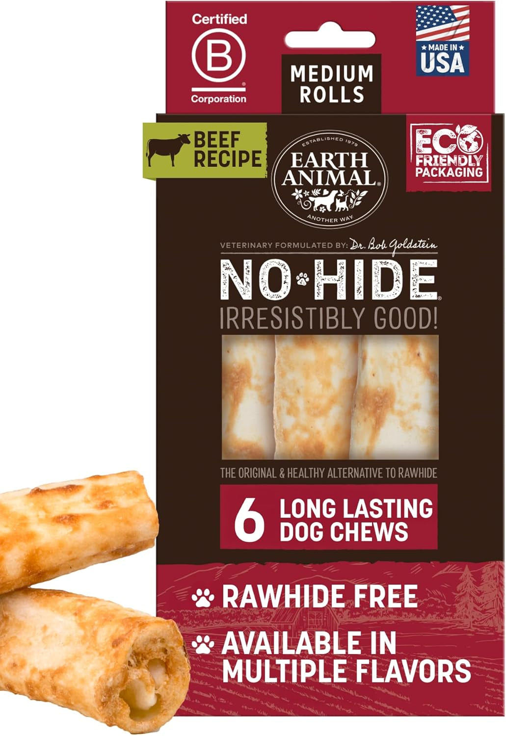 No Hide Chews - Long Lasting Rawhide Free Medium Dog Chews Rolls, Beef - 6 Count