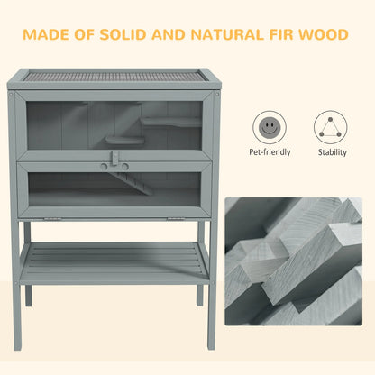 3-Tier Wooden Hamster Cage W/ Openable Top, Front Door, Shelf, Gray
