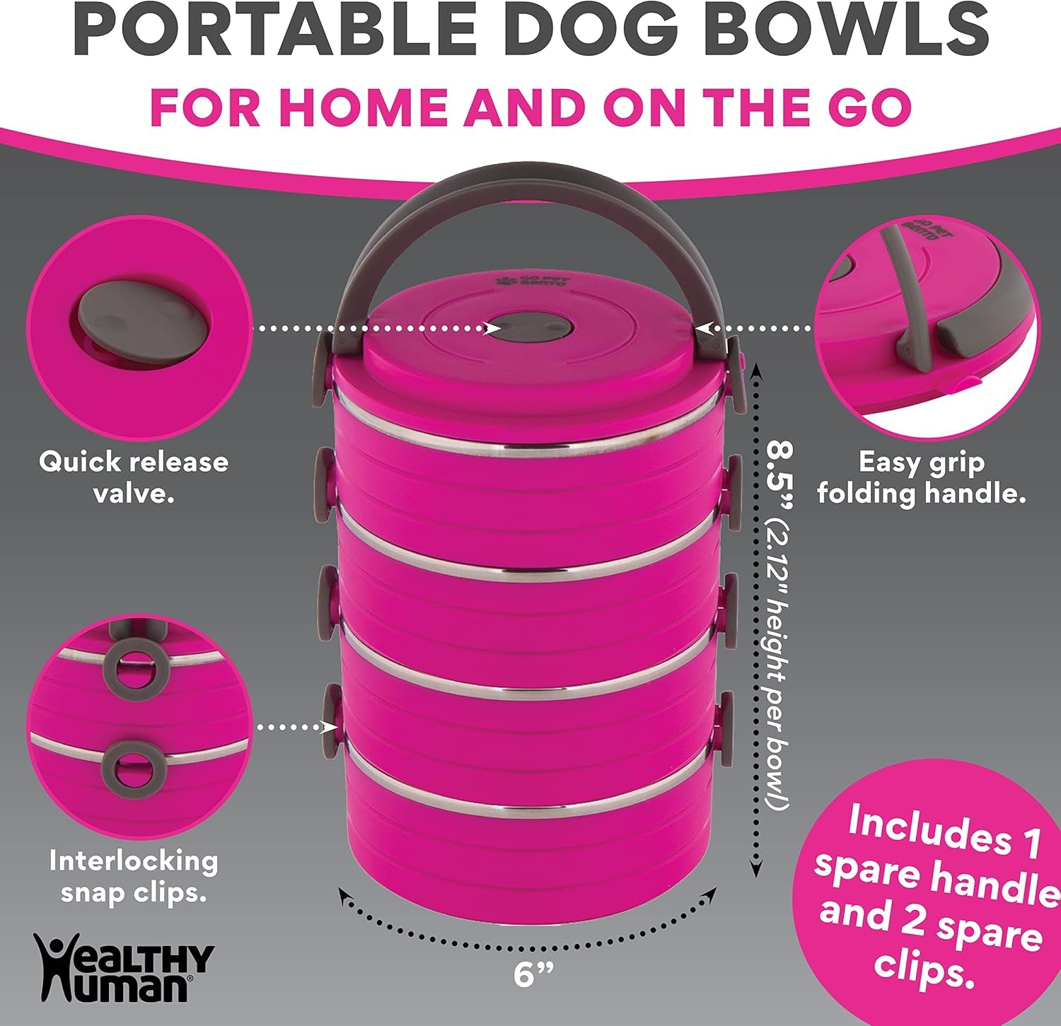 Travel Pet Bento Bowls - Human-Grade Stainless Steel & Bpa-Free, Leak-Proof Water & Food Container Set for Dogs & Cats, 4-Pack Interlocking Bowls, Includes Spare Clips & Handle (Pink)