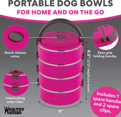 Travel Pet Bento Bowls - Human-Grade Stainless Steel & Bpa-Free, Leak-Proof Water & Food Container Set for Dogs & Cats, 4-Pack Interlocking Bowls, Includes Spare Clips & Handle (Pink)