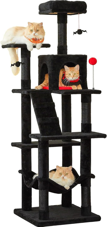 63.8 Inches Multi-Level Cat Tree for Large Cats with Sisal-Covered Scratching Posts, Padded Platform, Hammock and Condo,Stable Cat Tower Cat Condo Pet Play House-Light Gray
