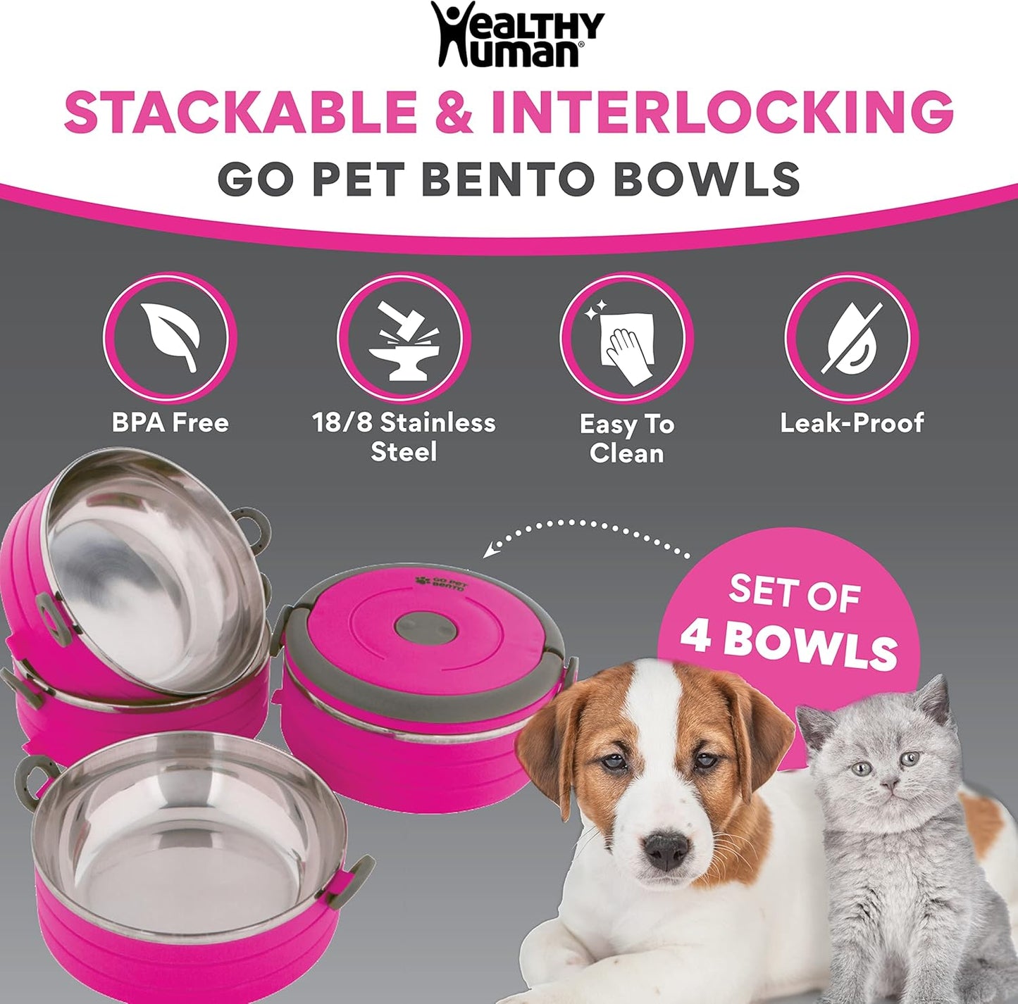 Travel Pet Bento Bowls - Human-Grade Stainless Steel & Bpa-Free, Leak-Proof Water & Food Container Set for Dogs & Cats, 4-Pack Interlocking Bowls, Includes Spare Clips & Handle (Pink)
