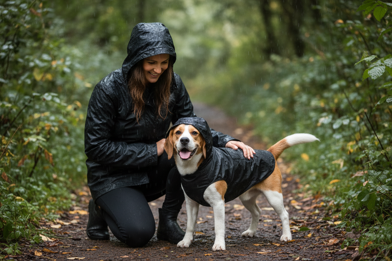 Close-up of small dog in raincoat with owner