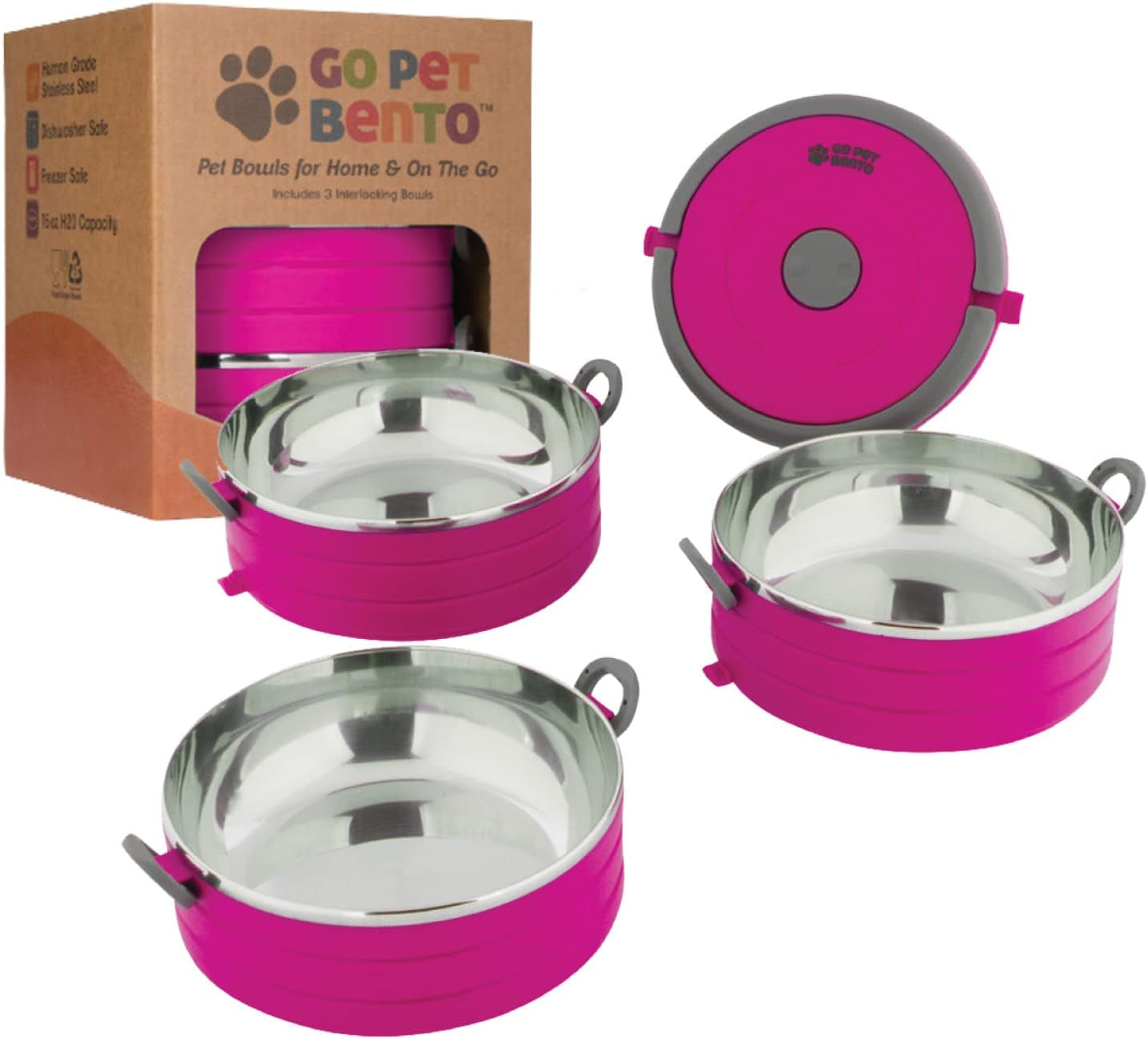Travel Pet Bento Bowls - Human-Grade Stainless Steel & Bpa-Free, Leak-Proof Water & Food Container Set for Dogs & Cats, 4-Pack Interlocking Bowls, Includes Spare Clips & Handle (Pink)