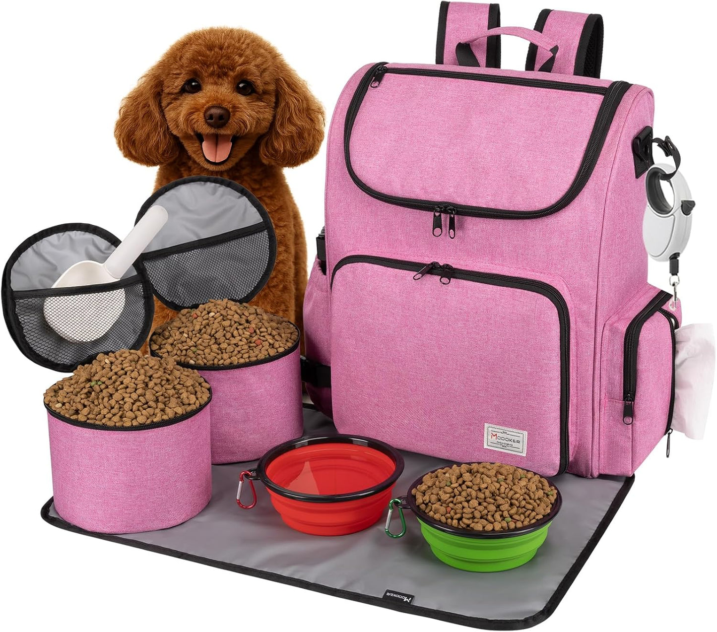 Dog Travel Bag Backpack, Airline Approved Pet Accessories Organizer for Dog and Cat with Shoulder Strap, 2 Dog Food Storage Containers, 2 Collapsible Dog Bowls,1 Pet Mat, Rose Red