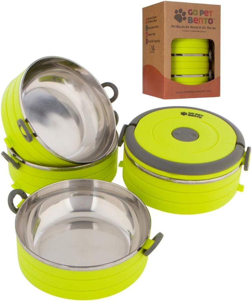 Travel Pet Bento Bowls - Human-Grade Stainless Steel & Bpa-Free, Leak-Proof Water & Food Container Set for Dogs & Cats, 4-Pack Interlocking Bowls, Includes Spare Clips & Handle (Pink)