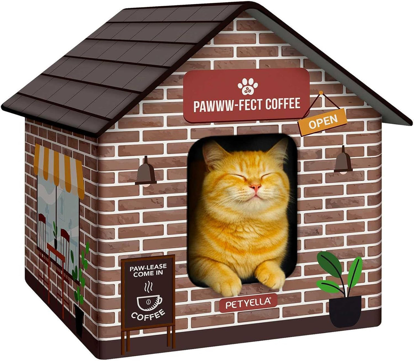 Deluxe Heated Cat House for Winter - Weatherproof, Insulated, Easy Assembly, Cat Heating Pad, Dual Escape Doors, Outdoor & Indoor Cat House - Coffee Pethouse