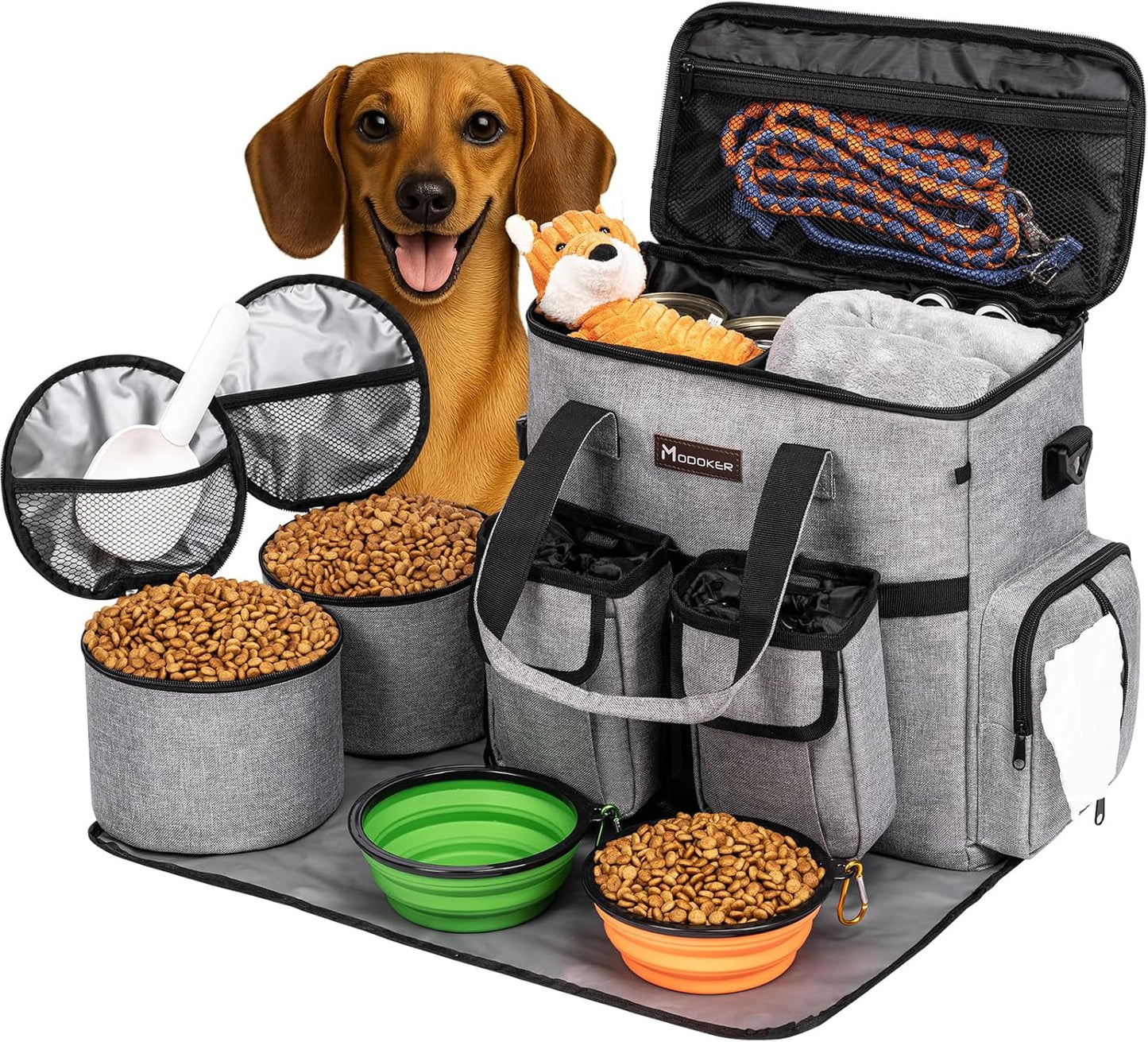 Dog Travel Bag Backpack, Airline Approved Pet Accessories Organizer for Dog and Cat with Shoulder Strap, 2 Dog Food Storage Containers, 2 Collapsible Dog Bowls,1 Pet Mat, Rose Red