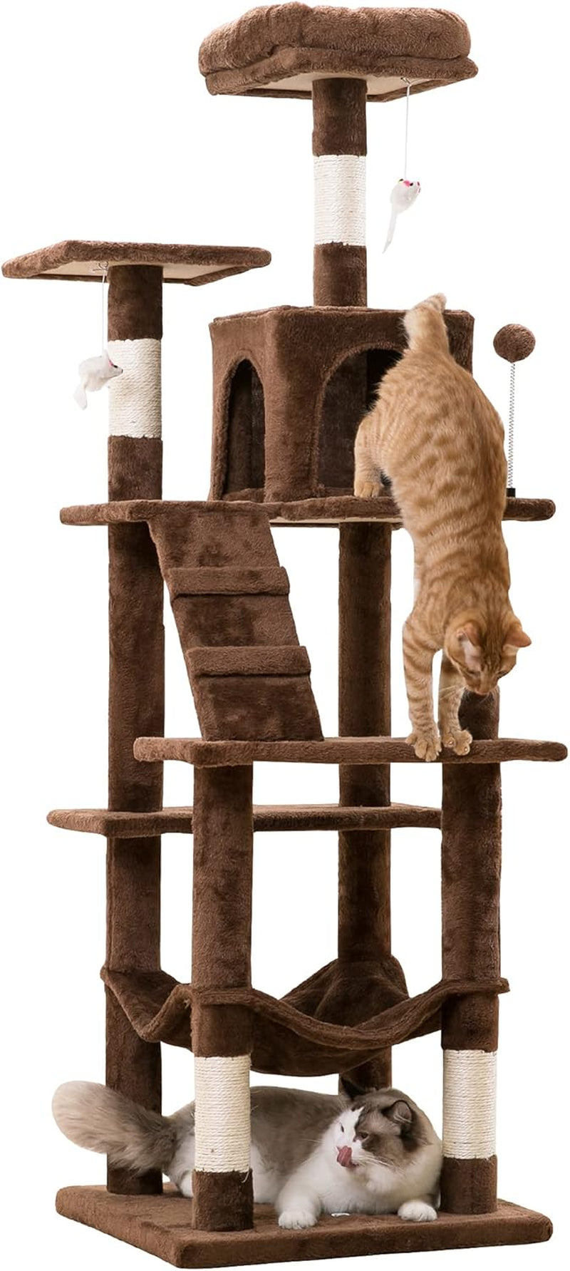 63.8 Inches Multi-Level Cat Tree for Large Cats with Sisal-Covered Scratching Posts, Padded Platform, Hammock and Condo,Stable Cat Tower Cat Condo Pet Play House-Light Gray