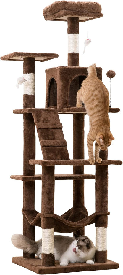 63.8 Inches Multi-Level Cat Tree for Large Cats with Sisal-Covered Scratching Posts, Padded Platform, Hammock and Condo,Stable Cat Tower Cat Condo Pet Play House-Light Gray