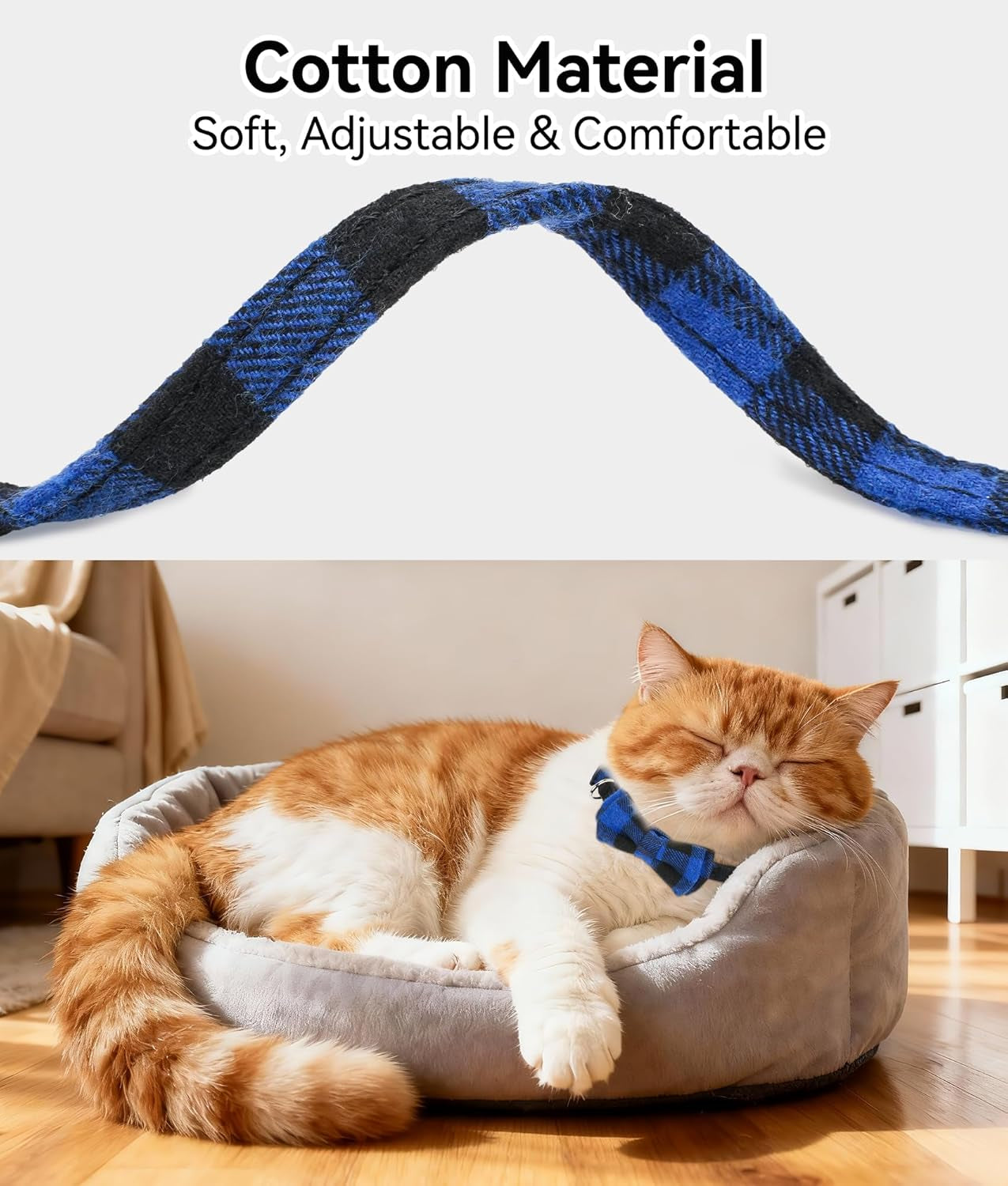 Upgraded Cat Collar with Bells, Breakaway Cat Collars with Bow Tie, 1 Pack Girl Boy Safety Plaid Kitten Collars, Blue