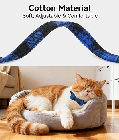 Upgraded Cat Collar with Bells, Breakaway Cat Collars with Bow Tie, 1 Pack Girl Boy Safety Plaid Kitten Collars, Blue