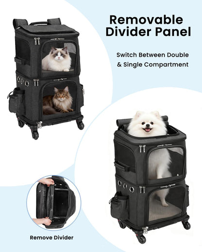 Double-Compartment Pet Carrier Backpack with Wheels for Small Cats and Dogs, Cat Rolling Carrier for 2 Cats, Perfect for Traveling/Taking a Walk/Trips to the Vet, Black