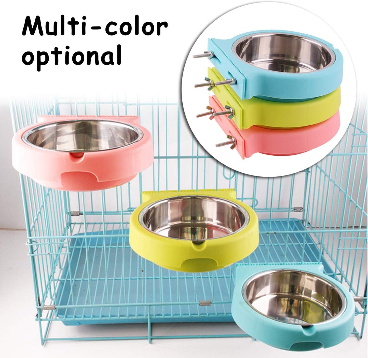 Crate Dog Bowl Removable Stainless Steel Water Food Feeder Bowls Cage Coop Cup for Cat Puppy Bird Pets (Large, Blue with Corrugated Clip)