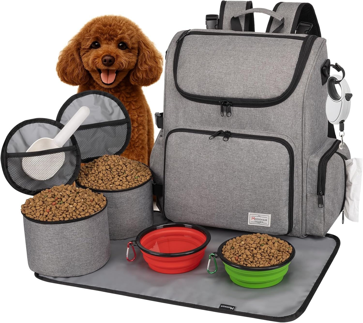 Dog Travel Bag Backpack, Airline Approved Pet Accessories Organizer for Dog and Cat with Shoulder Strap, 2 Dog Food Storage Containers, 2 Collapsible Dog Bowls,1 Pet Mat, Rose Red