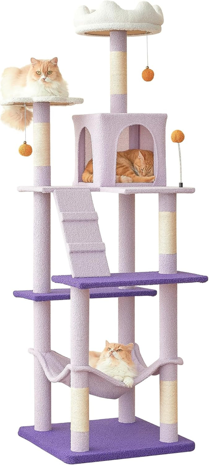 63.8 Inches Multi-Level Cat Tree for Large Cats with Sisal-Covered Scratching Posts, Padded Platform, Hammock and Condo,Stable Cat Tower Cat Condo Pet Play House-Smoky Gray