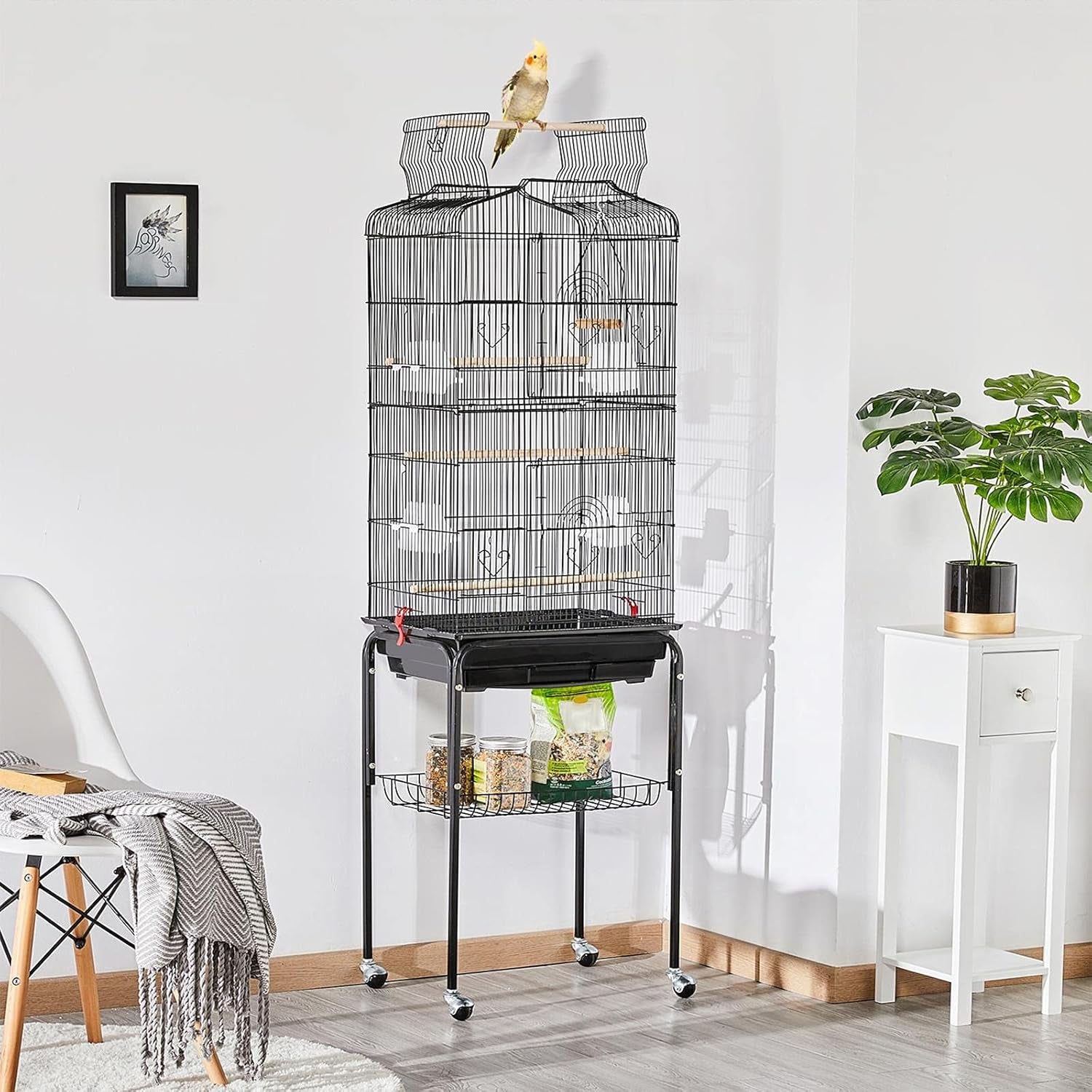 64-Inch Play Open Top Medium Small Bird Cage with Detachable Rolling Stand for Parrot Lovebirds Finches Canaries Parakeets Cockatiels Budgie Parrotlet Conures