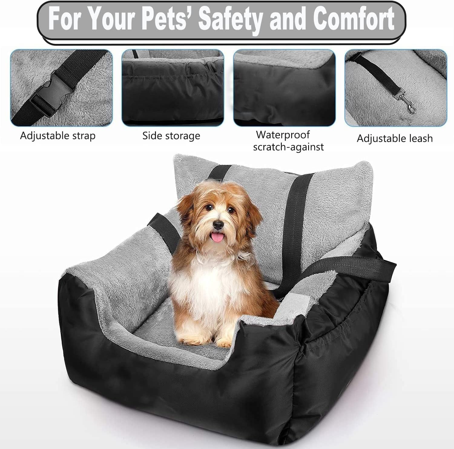 Dog Booster Car Seat & Bed for Small Dogs, Washable Anti-Slip Pet Seat with Adjustable Safety Buckle and Storage Pockets - Front or Back Seat