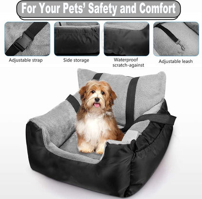 Dog Booster Car Seat & Bed for Small Dogs, Washable Anti-Slip Pet Seat with Adjustable Safety Buckle and Storage Pockets - Front or Back Seat