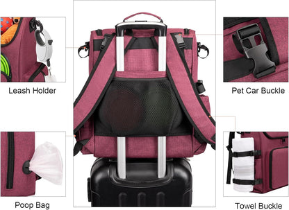 Dog Travel Bag Backpack, Airline Approved Pet Accessories Organizer for Dog and Cat with Shoulder Strap, 2 Dog Food Storage Containers, 2 Collapsible Dog Bowls,1 Pet Mat, Rose Red