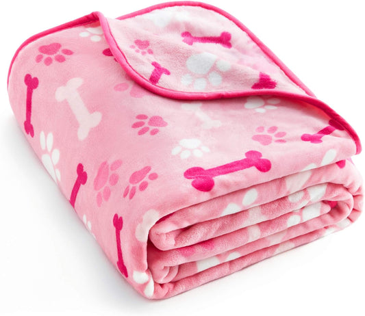 Luxurious Dog Blanket, 350 GSM Super Fuzzy Microplush Fleece Pet Blankets for Small Medium Large Dogs and Cats, Pink Paw and Bone, 40" X 32"
