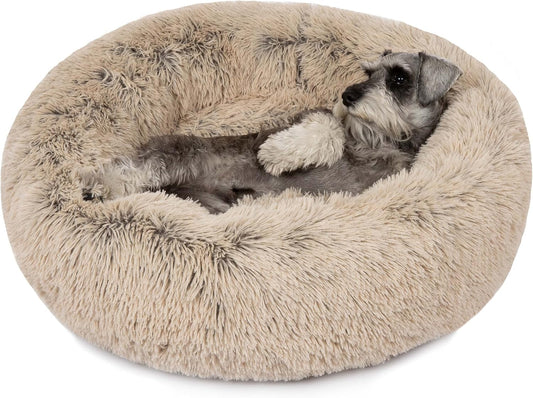 Donut Dog Bed Faux Fur Fluffy Calming Sofa for Medium Dogs, Soft & Plush anti Anxiety Pet Couch for Dogs, Machine Washable Coco Pet Bed with Non-Slip Bottom, 30"X30"X7" Tan