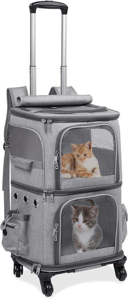 Double-Compartment Pet Carrier Backpack with Wheels for Small Cats and Dogs, Cat Rolling Carrier for 2 Cats, Perfect for Traveling/Taking a Walk/Trips to the Vet, Black