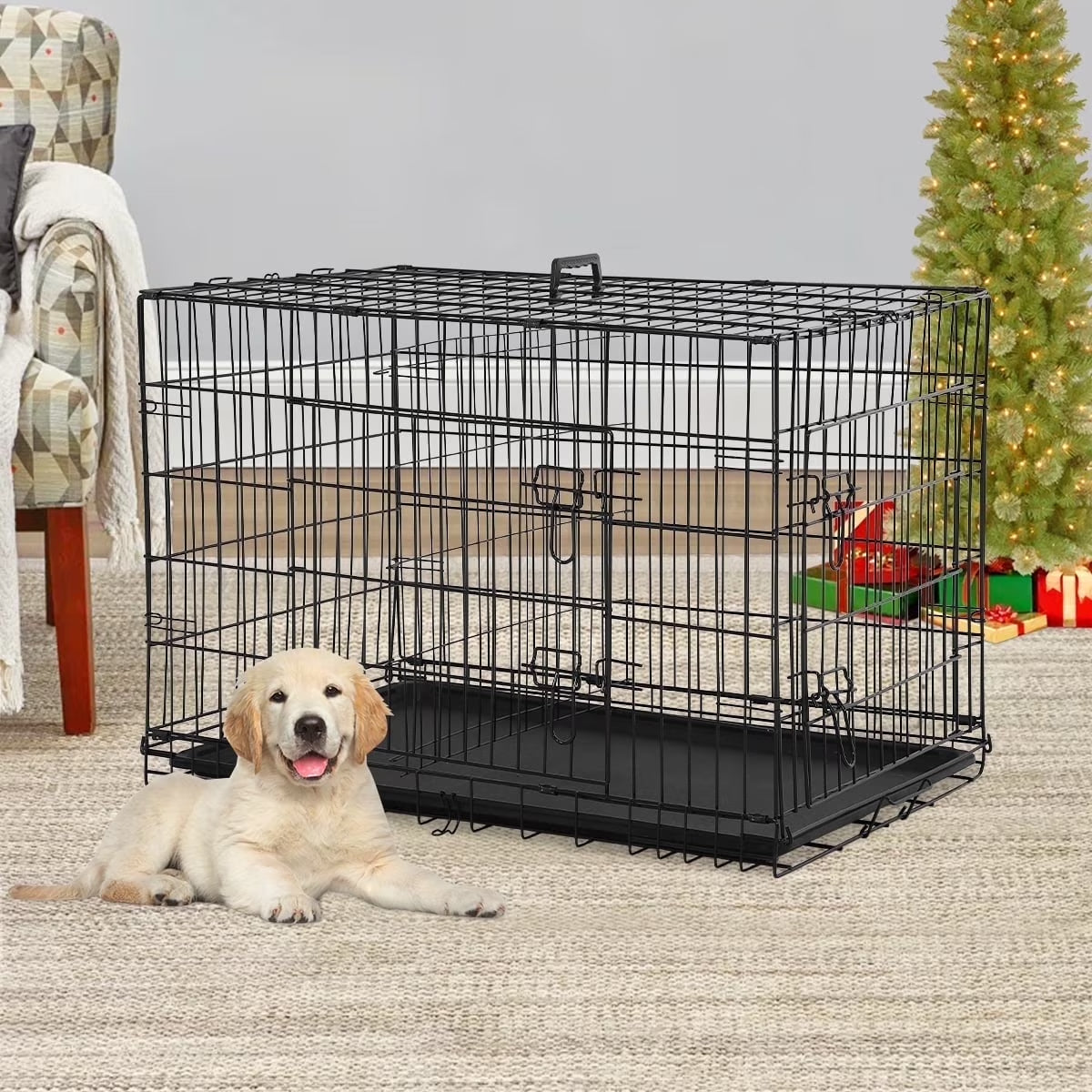 24 Inch Dog Cage for Small Dogs, Folding Dog Crate Metal Wire Crates Dog Kennels Small Puppy Crate Outdoor and Indoor Pet Crate with Double Door, Black