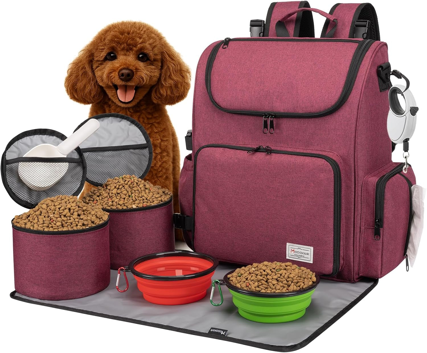 Dog Travel Bag Backpack, Airline Approved Pet Accessories Organizer for Dog and Cat with Shoulder Strap, 2 Dog Food Storage Containers, 2 Collapsible Dog Bowls,1 Pet Mat, Rose Red
