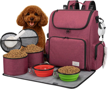 Dog Travel Bag Backpack, Airline Approved Pet Accessories Organizer for Dog and Cat with Shoulder Strap, 2 Dog Food Storage Containers, 2 Collapsible Dog Bowls,1 Pet Mat, Rose Red