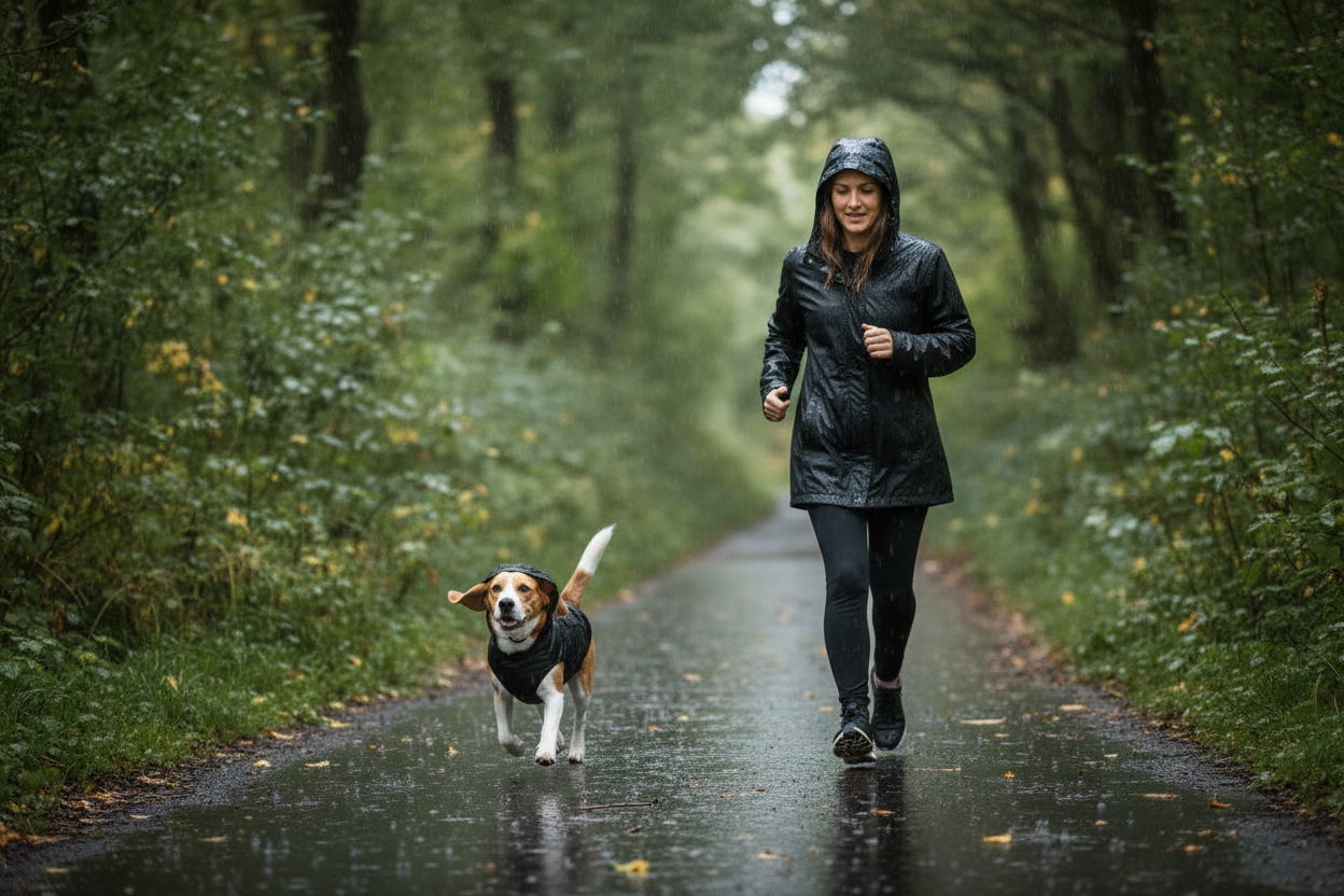 Side angle of dog trotting with owner jogging